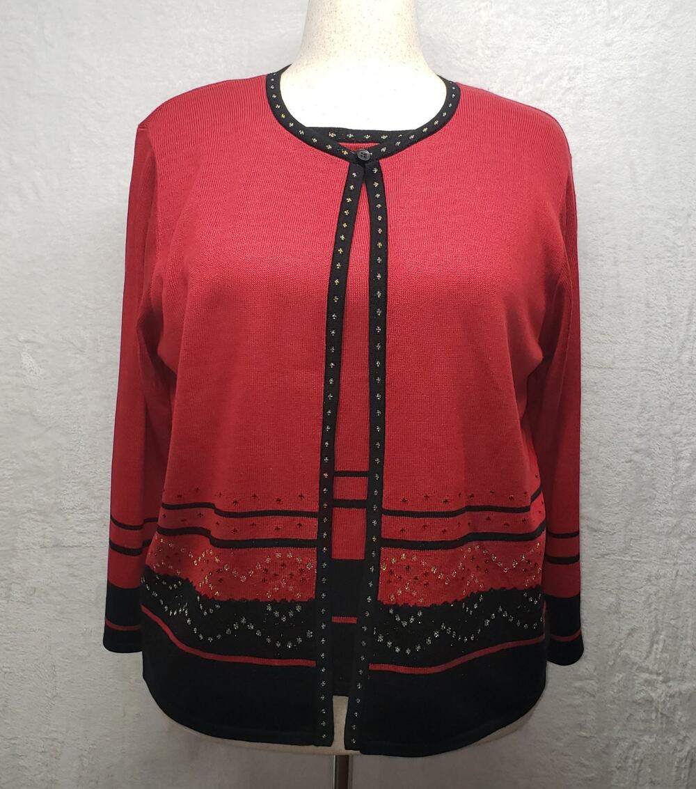 Alfred Dunner Vintage Red Black Metallic Knit Sweater Large Holiday Glam Twofer
